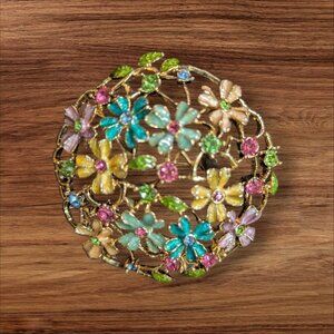 Vintage Monet Gold-Tone Floral Brooch With Multicolor Enamel & Rhinestones